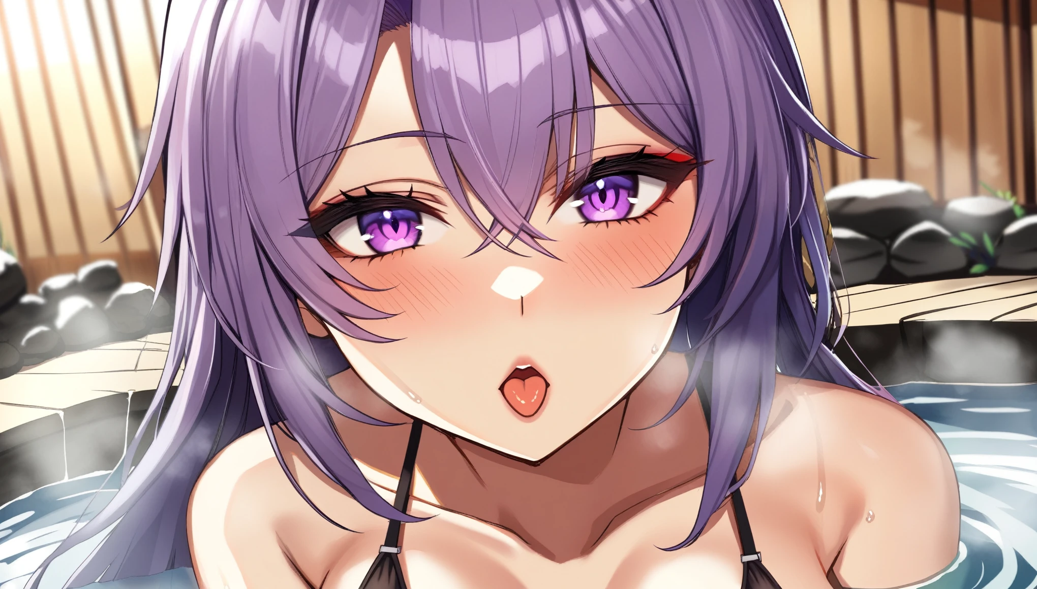 1girl, purple hair, foxgirl, sexy, purple eyes, d cup breasts, anime styled, 2D, mature, dynamic angle, kissing the viewer close up, spa, hot spring, black bikini, long hair