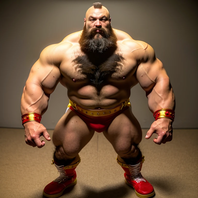 zangief,a man with a beard and a golden belt, fighting game character, street fighter 5,muscled humanoid,heavy looking,buff man,wrestler,Red short briefs,capcom,street fighter,shirtless,muscular male,chest hair,visually weighty,bearded man,mohawk hair,no wristband,Red Wrestling Boots,best quality 