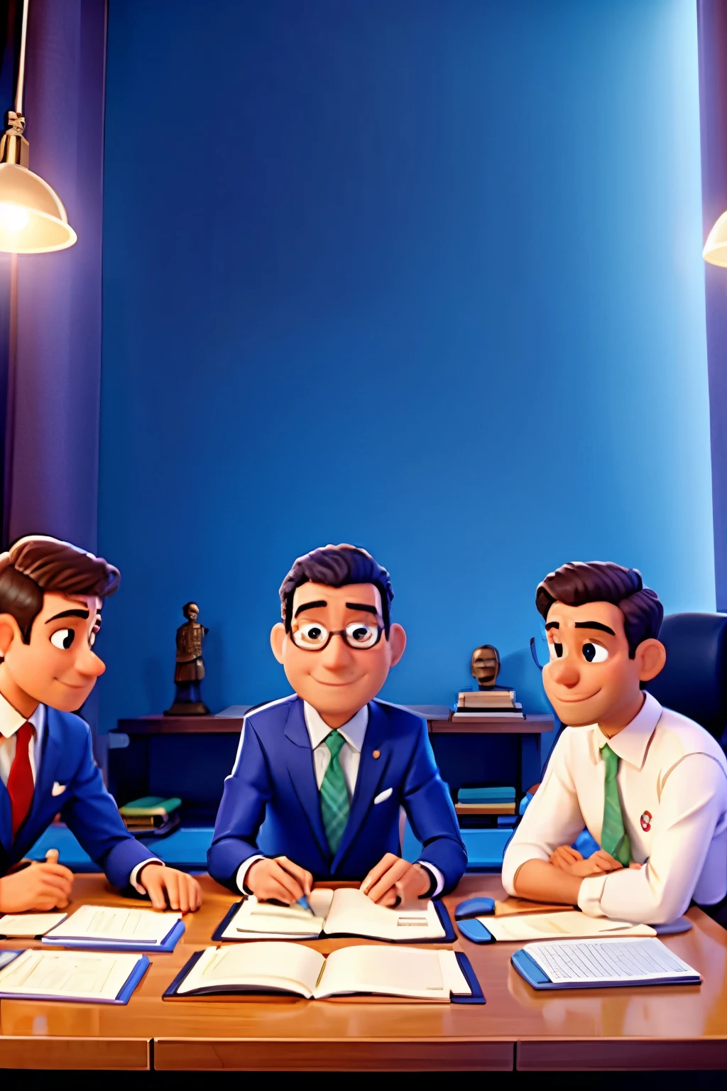 QUATRO HOMENS DO GOVERNO, SENTADO EM UMA MESA, CARRYING OUT PLANNING AND POLICY, ESTILO PIXAR