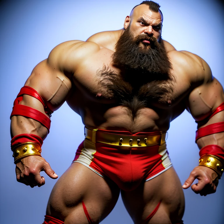 zangief,a man with a beard and a golden belt, fighting game character, street fighter 5,muscled humanoid,heavy looking,buff man,wrestler,Red short briefs,capcom,street fighter,shirtless,muscular male,chest hair,visually weighty,bearded man,mohawk hair,no wristband,Red Wrestling Boots,best quality