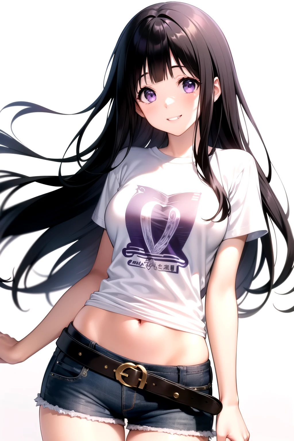 (A superb exquisite Chitanda Eru), (mature face), intricate details, (finely detailed beautiful eyes: 1.2), purple eyes, long black hair, natural straight hair, straight bangs, solo, [Small_breasts: large_breasts: 0.5], extremely delicate, peerless beautiful girl, dreamy quality, solid color, bright lips, slender waist, straight curves, soft lights and shadows, super fine, 8K HD, (masterpiece:1.4), (((sexy smile, idol, t-shirt, shorts with belt, white background)))