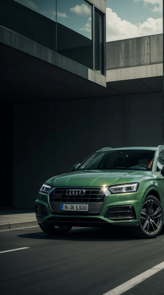  Futuristic, pure Audi Q5, gleaming metallic green, parked before a modern residence, juxtaposition of sleek automotive design and minimalist architecture, reflections of conceptual elegance, ambient urban lighting, chiaroscuro effect, digital painting, high-resolution.