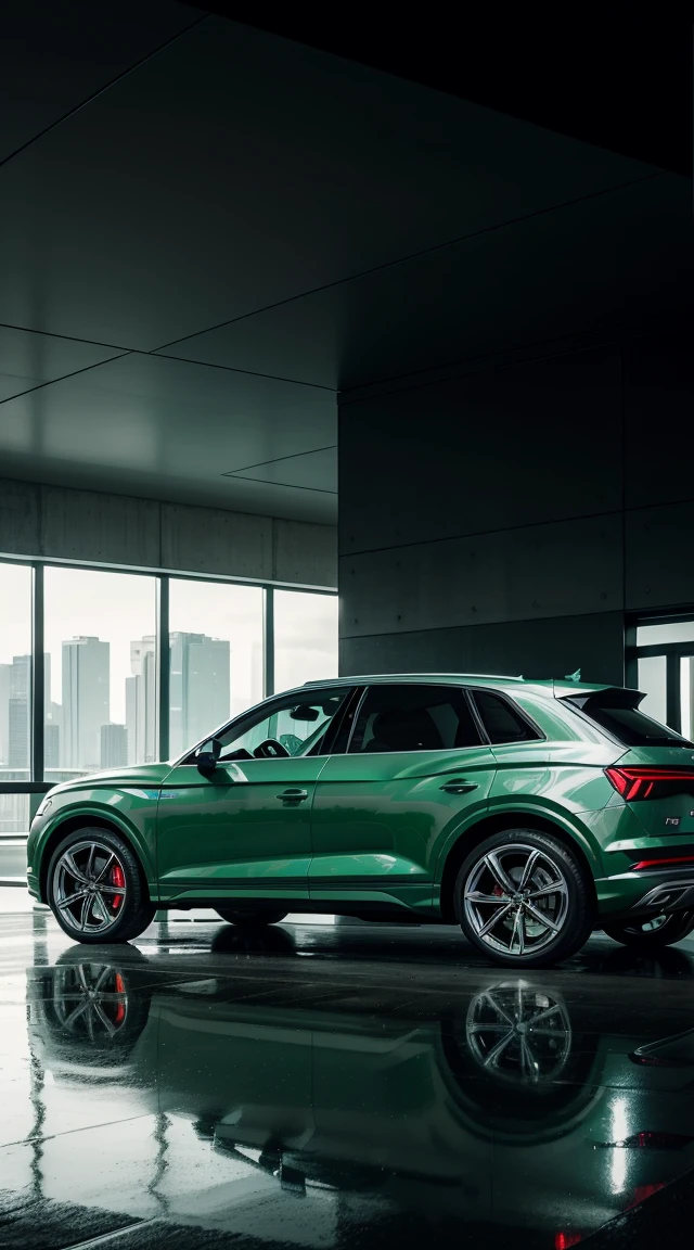  Futuristic, pure Audi Q5, gleaming metallic green, parked before a modern residence, juxtaposition of sleek automotive design and minimalist architecture, reflections of conceptual elegance, ambient urban lighting, chiaroscuro effect, digital painting, high-resolution.