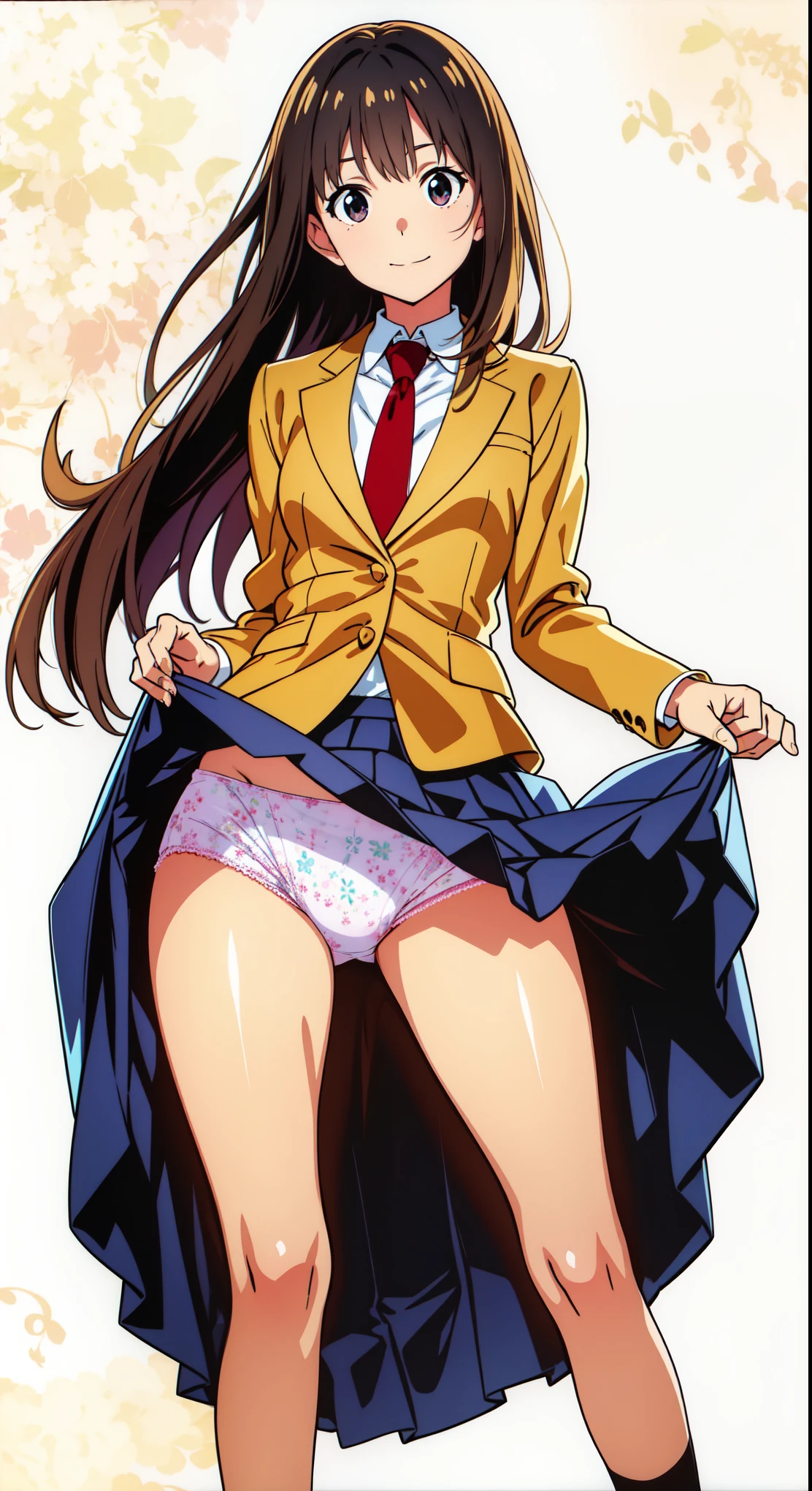 (detailed cotton printed panties:1.0), (white background:1.0), (best quality:1.0), (masterpiece:1.0), (super fine illustration:1.0), (beautiful artwork:1.0), (anime screencap:1.0), (official art:1.0), (full body:1.0), (solo:1.0), (HSGα:1.0), (a yo cute girl:1.0), (long skirt:1.1), (dark blue skirt:1.0), (pleated skirt:1.0), (school uniform beige blazer:1.0), (red necktie:1.0), (loafers:1.0), (black socks:1.0), (ideal ratio body proportions:1.2), (lanky:1.1), (tall:1.2), (slender:1.2), (small breasts:1.2), (smaller face:1.2), (tareme:1.0), (detailed beautiful eyes:1.0), (detailed beautiful face:1.0), (glowing black eyes:1.0), (long hair:1.0), (brown hair:1.0), (standing:1.0), (looking at viewer:1.0)