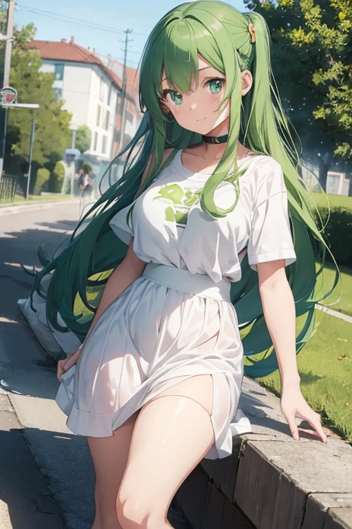 /(Girl),(anime),( girl),(looking like a 12 year olduper large body),(pretty White),(green eyes and long green hair),(Height 1.59cm),(hot beautiful young woman)