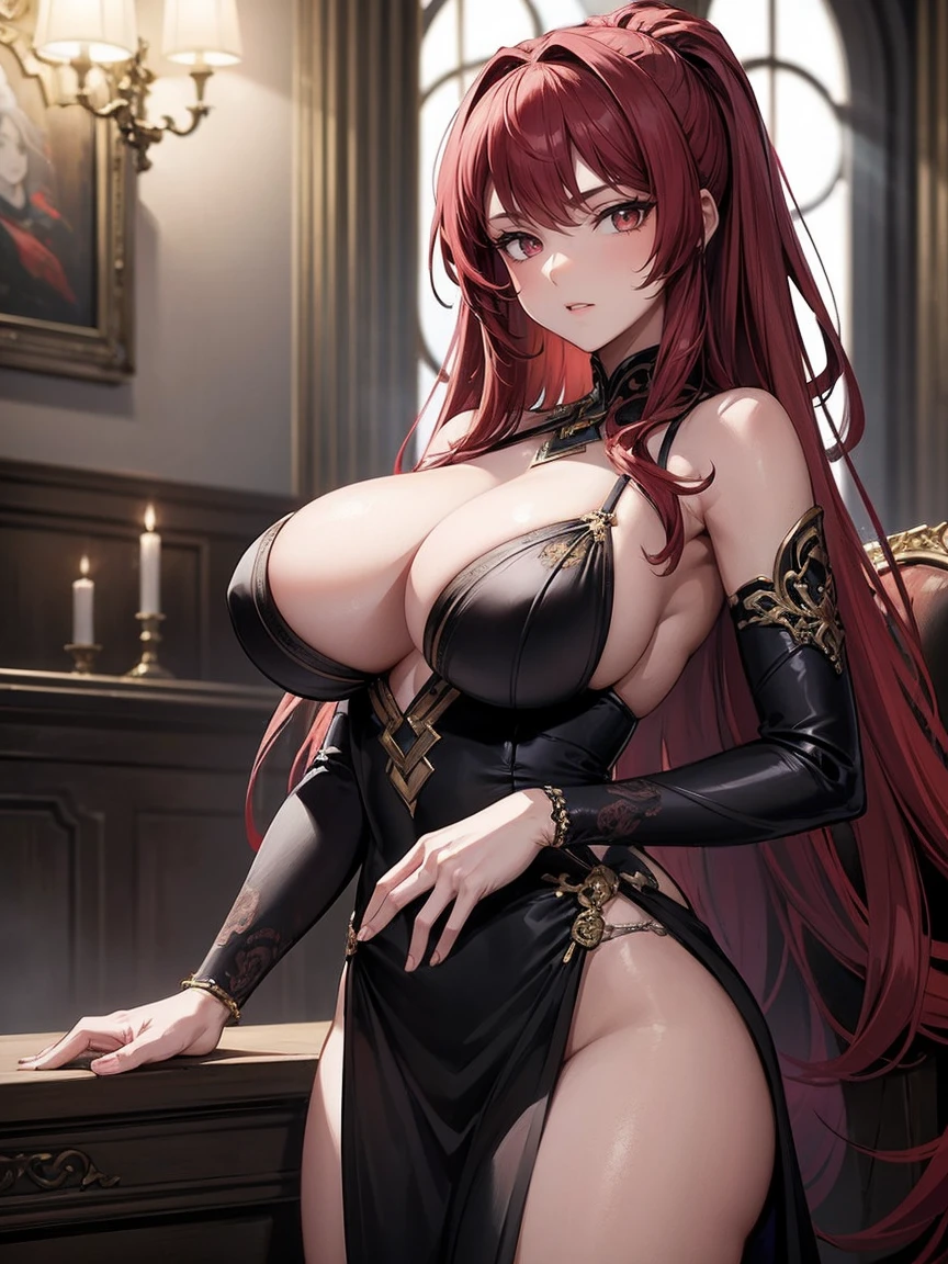 (masterpiece), best quality, highly detailed faces, (SHARP details), 4k, highly detailed, expressive eyes, SHARP detail expressive eyes, (SHARP detail perfect face), long hair, 20 year old woman, standing, courtesan dress, dark-red hair, indoors, clothed, big breasts, mature,