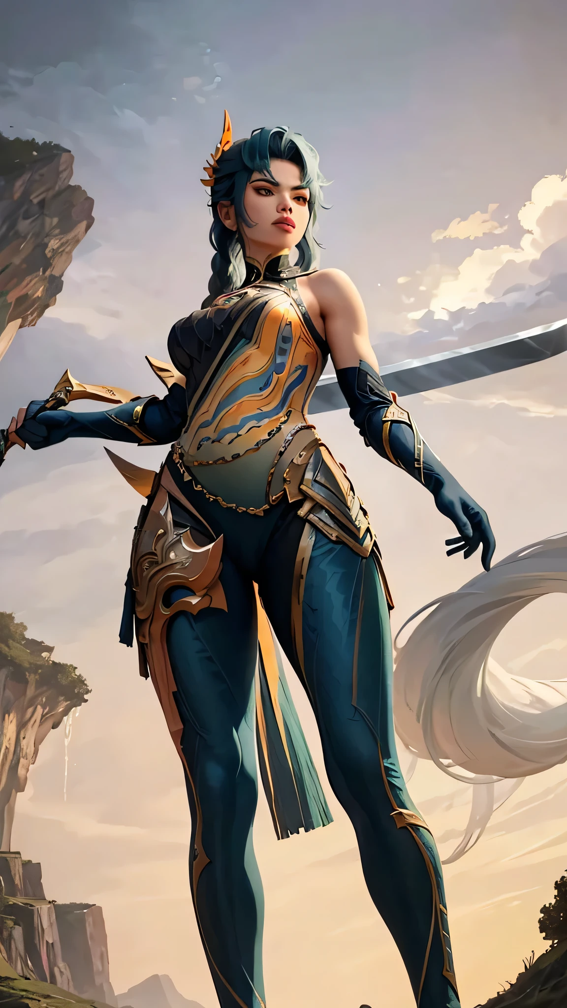 A female gorgeous hot sexy beautiful warrior in half armour holding a thin sword