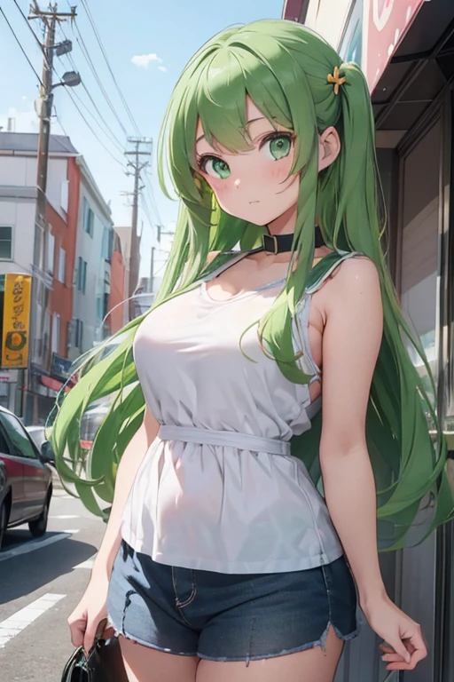 /(Girl),(anime),(16 year old girl),(looking like a 12 year old),(with a super large body),(pretty White),(green eyes and long green hair),(Height 1.59cm),(hot beautiful young woman),(Super busty)