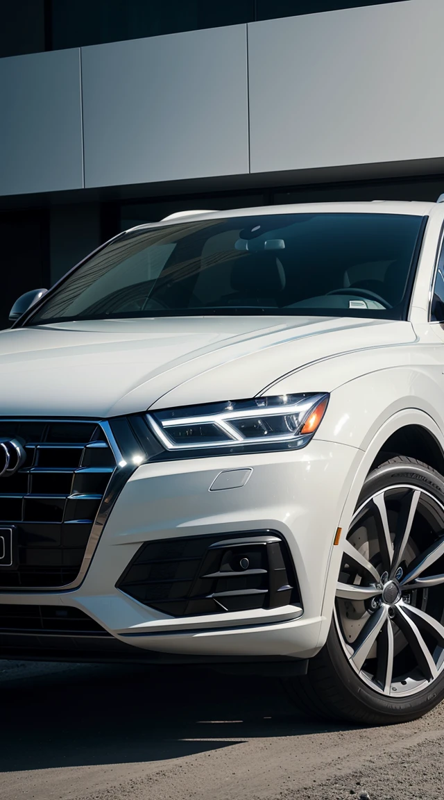 Futuristic, pure Audi Q5, gleaming metallic white, parked before a modern residence, juxtaposition of sleek automotive design and minimalist architecture, reflections of conceptual elegance, ambient urban lighting, chiaroscuro effect, digital painting, high-resolution.