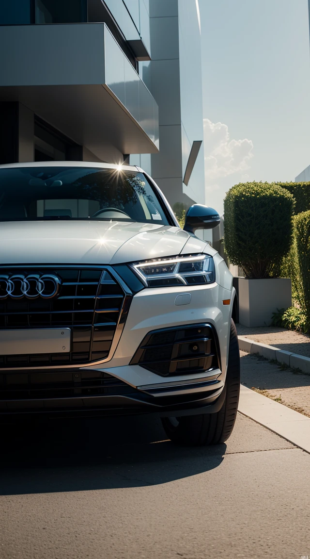  Futuristic, pure Audi Q5, gleaming metallic white, parked before a modern residence, juxtaposition of sleek automotive design and minimalist architecture, reflections of conceptual elegance, ambient urban lighting, chiaroscuro effect, digital painting, high-resolution.