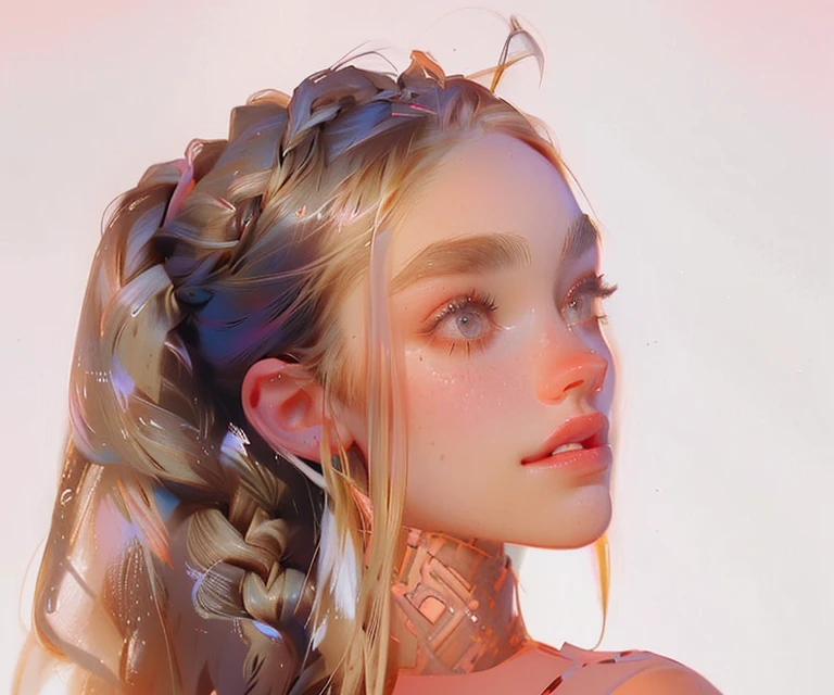 (Obra Prima, Melhor Qualidade, 4K, Realista), Litografia realista, blonde woman with braces and glasses on her head with braces, Bela Delfina, retrato de Kim Petras, Retrato de Sophie Mudd, ava max, Kailee Mandel, blonde hair with braids, Bella Poarca, nodded, her hair is tied in a ponytail, braids hairstyle, ela tem dois rabos de cavalo, pink glasses