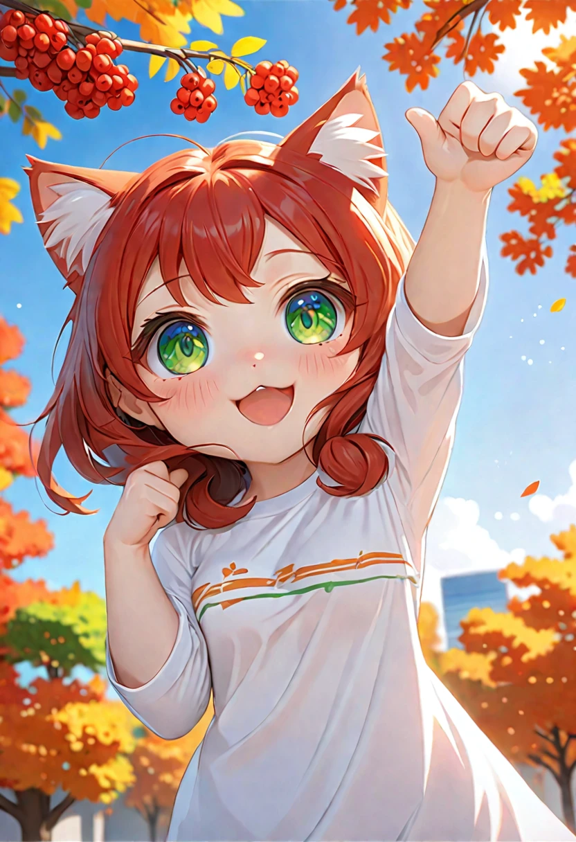 cat girl, chibi, Red hair, green eyes,gin jacket on white t-shirt, reaches for the sign, which hangs on an autumn tree, rowan tree, Rendering, Anime background art, winner of the pixiv competition, Anime girl with cat ears cute!! chibi!!! cat girl, милый anime cat girl, with index finger, Nekomimi, anime cat girl!, cat girl, chemonomics, run, furry фураффинность, masterpiece, top quality, Best quality, official art, Beautiful and aesthetically pleasing:1.2), 2D, (Best quality, masterpiece), anime, (very detailed face), (very detailed eyes), White background, Ideal lighting