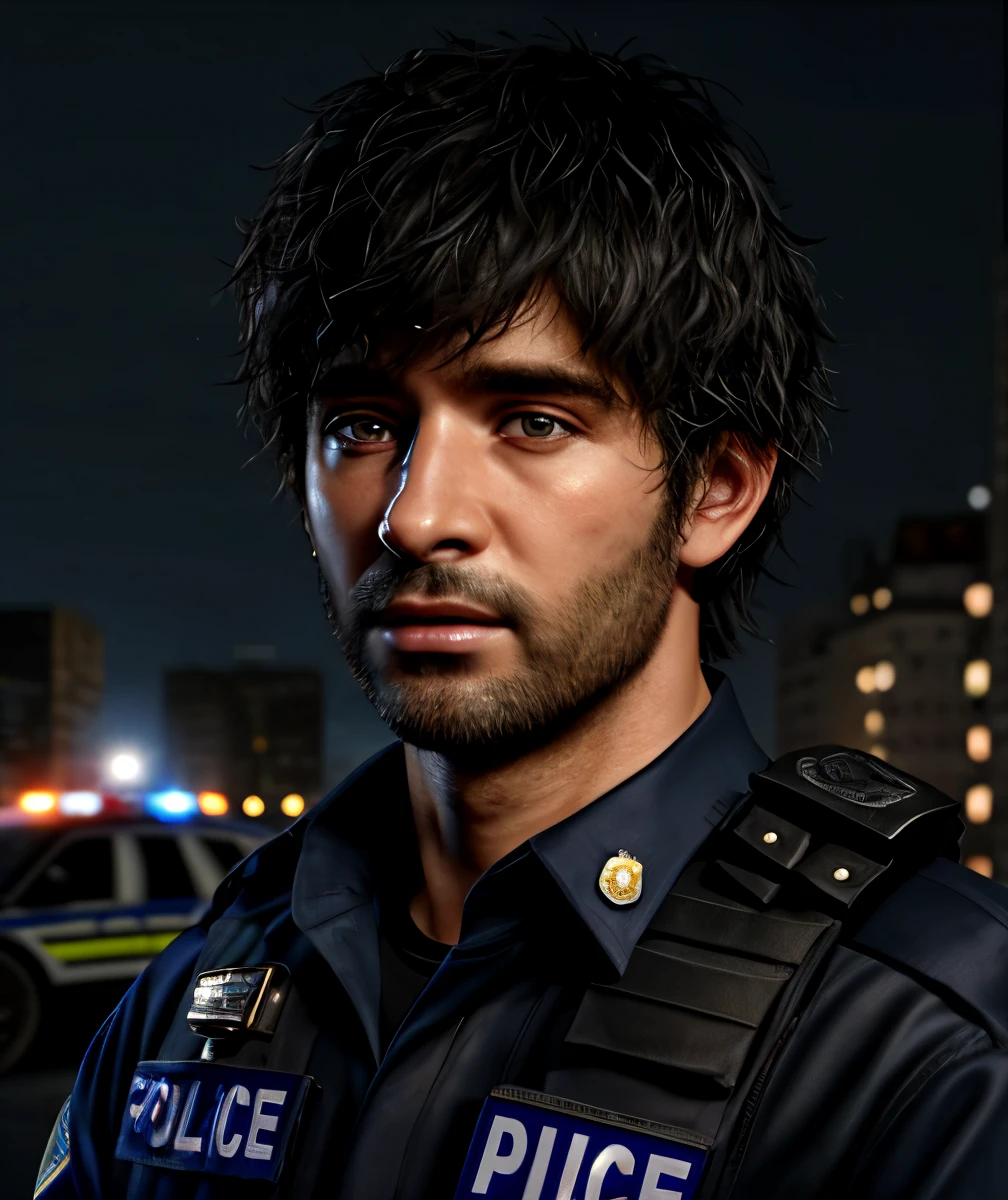 1 male, masterpiece, 4K, Ultra-realistic, police officer, City night background, Carlos Oliveira, Portraiture, Black shaggy hair 