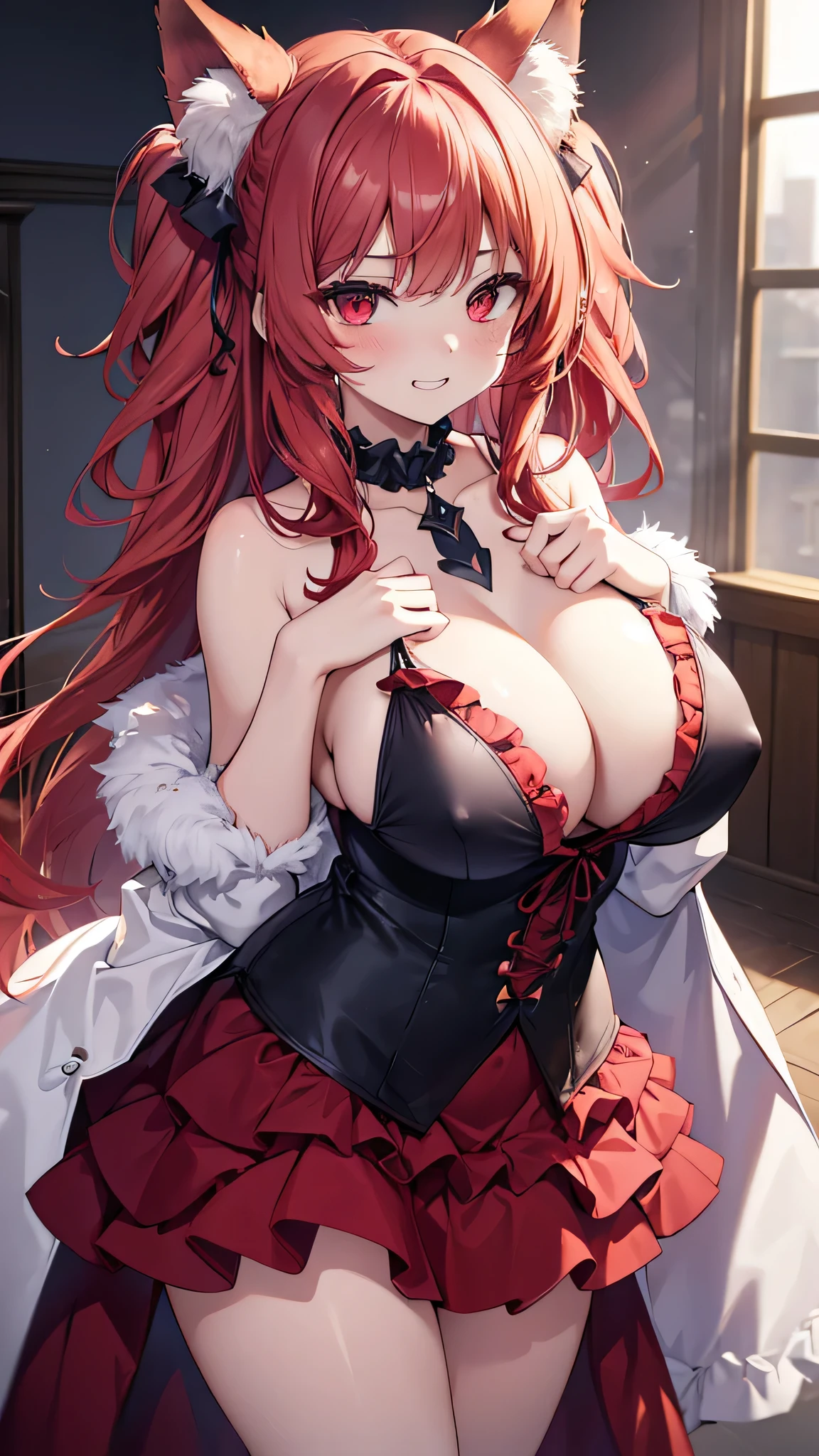 Wolf Woman, Big Breasts, Voluminous light red hair, One girl, masterpiece , Red eyes、Double teeth、tooth、Blushed cheeks、 hd, Head to Chest, buried in my chest、Underbust、Cleavage、Frilled bikini、Big Tits、Open your mouth wide、Grin、White Iris、