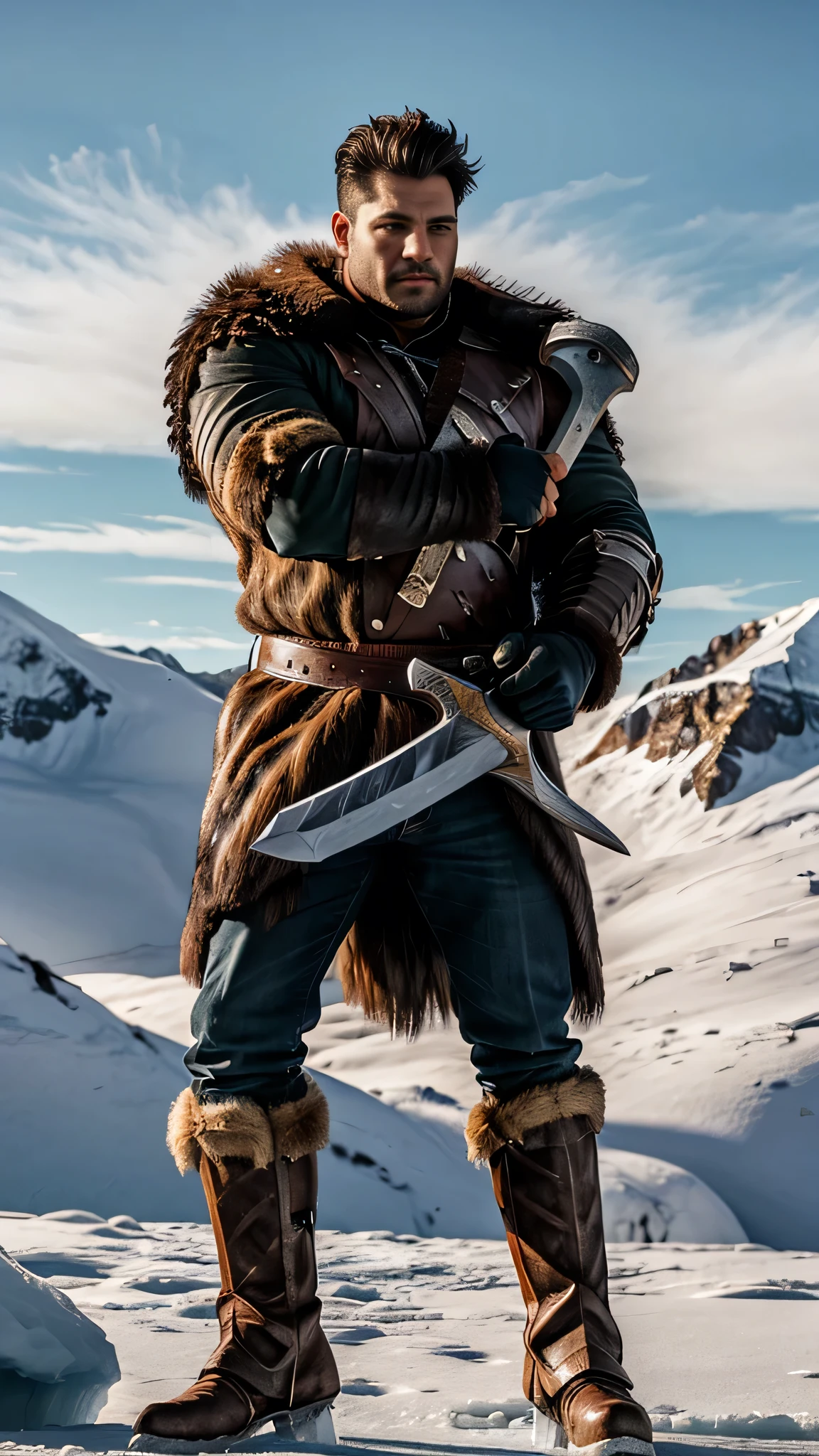 A male powerful warrior in heavy fur jacket holding a heavy sword in a ice covered mountain 