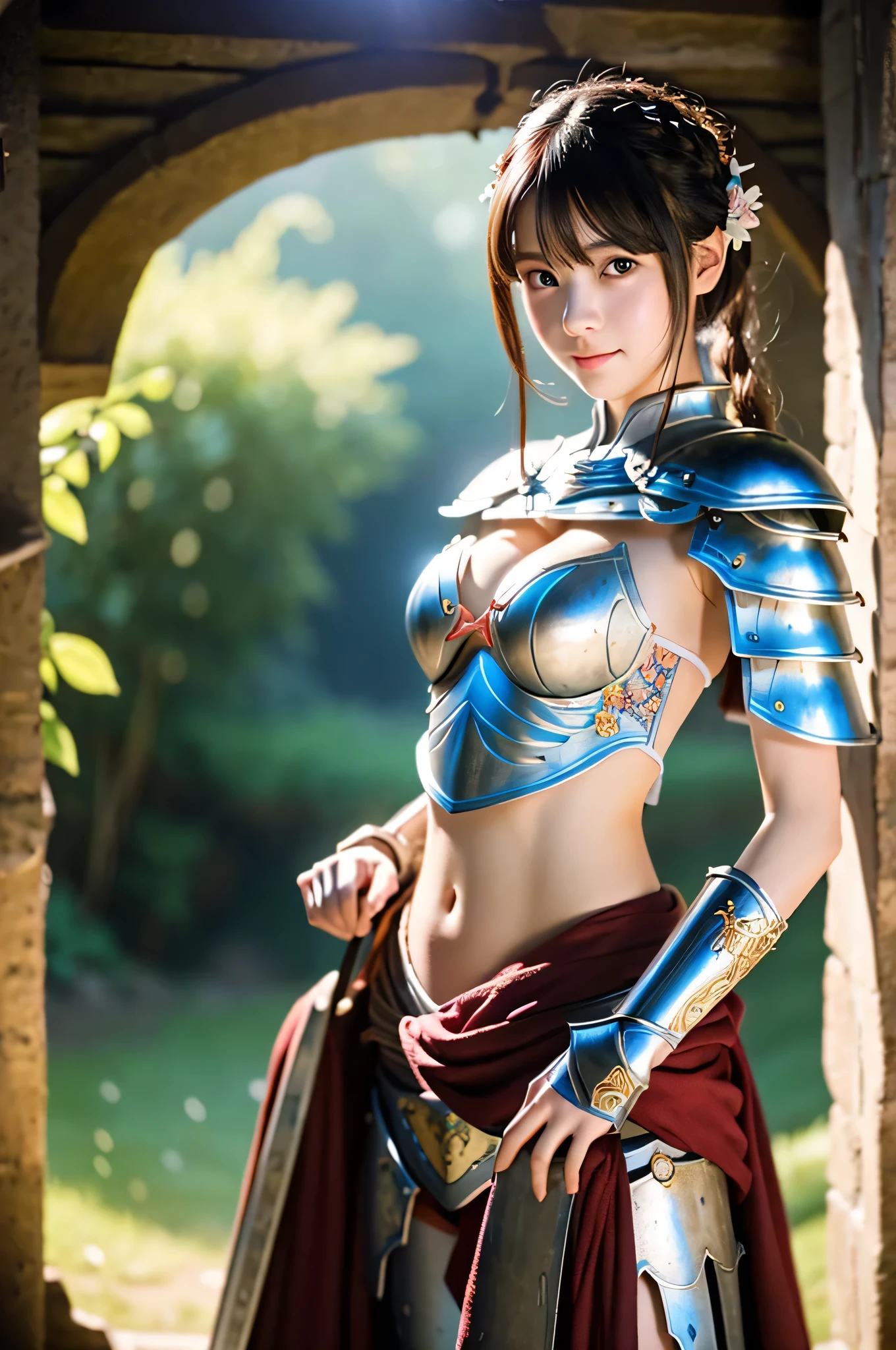 Warrior、female knight、 ((photo)),(((masterpiece))),(((highest quality))),((Super fine)),(Highly detailed CG illustrations ),((Very delicate and beautiful)),(Delicate and cute face),8k,Cinematic Light,1girl,Full body,Standing picture,Darkness of the Dungeon、Wearing light armor with a protruding belly button、The belly is exposed、Holding a sword and shield、whole body、Head to Feet、Show whole body、Bright and cheerful、look at viewer ,incredibly absurd, beautiful and cute girl with a photorealistic face, showcasing top-quality craftsmanship, Japanese girl, 18 years old、Role-playing game characters、Walking inside a dungeon、Beauty、A dreamy face