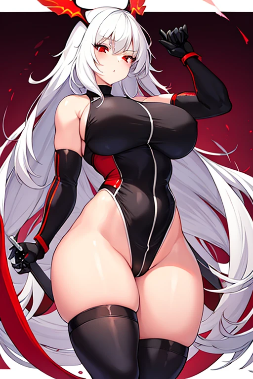 1girl, white hair, long hair, red eyes, serious, glowing eyes, large breasts, thick thighs, mature female, athletic female, toned, leotard, black leotard, thighhighs, belt, knife, knifes
