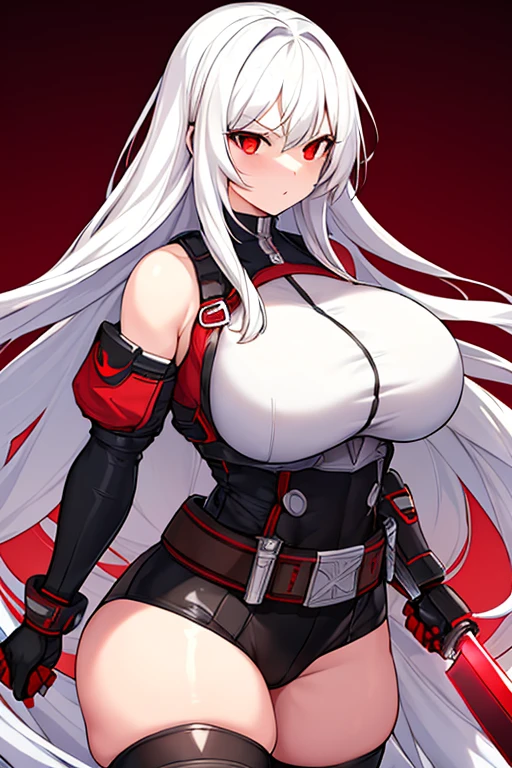 1girl, white hair, long hair, red eyes, serious, glowing eyes, large breasts, thick thighs, mature female, athletic female, toned, leotard, black leotard, thighhighs, belt, knife, knifes