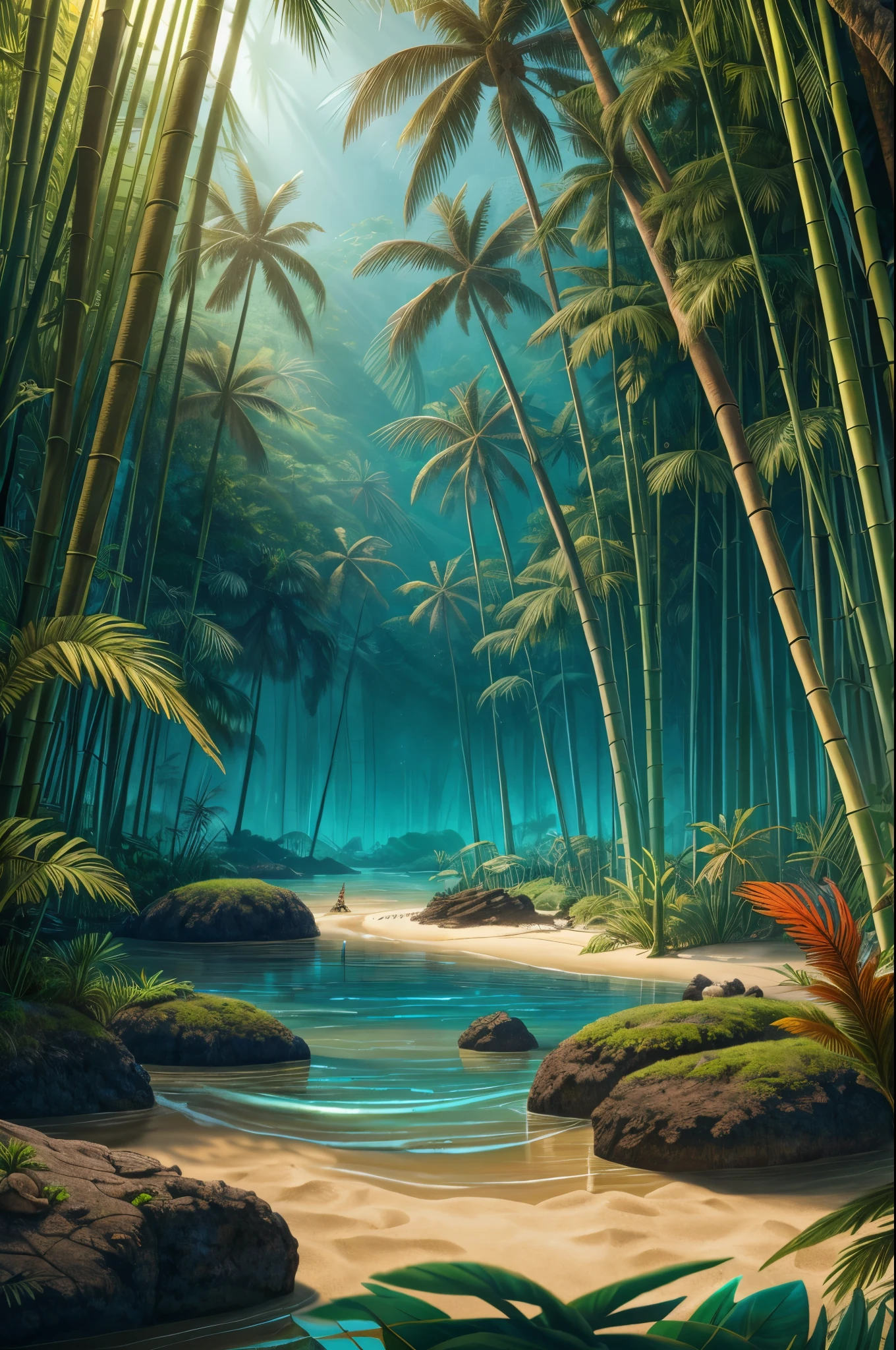 wide angle view, fantasy art, fantasy scenario. hawaiian inspiration, pacific island aboriginal, sand, rocks, water themed adornments. rivers, ambient detailer, background focus, tropical ambient, swamp, beach, stilt, rafts, floating bamboo houses, floating in river, forest illumination, daylight. frontal illumination, sharp, blur detailer.