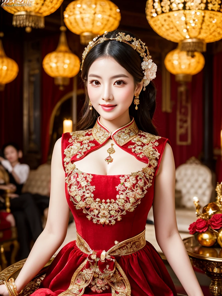 a beautiful young chinese woman with extremely detailed eyes and face, long eyelashes, full lips, and a perfect hourglass figure wearing a radiant red qipao dress with an exquisite high collar and intricate peony pattern, sitting gracefully on a luxurious, velvet baroque bed with a rich blue and gold background, her identical twin sister with an even more captivating figure hugs her at the waist, creating a mesmerizing symmetry, their cute faces with innocent smiles and exposed long legs surrounded by an aura of love and fertility, a nearby table adorned with ornate candelabras and a delicate, antique vase hints at a wedding consummation, the scene framed by a stunning gold-framed chinese painting and opulent interior decorations, exuding luxury, elegance, and a hint of love making, (best quality,8k,highres,masterpiece:1.2),ultra-detailed,(realistic,photorealistic,photo-realistic:1.37),portraits,cinematic lighting,dramatic lighting,warm colors,ornate,intricate details,luxurious,elegant