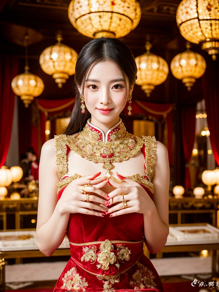 a beautiful young chinese woman with extremely detailed eyes and face, long eyelashes, full lips, and a perfect hourglass figure wearing a radiant red qipao dress with an exquisite high collar and intricate peony pattern, sitting gracefully on a luxurious, velvet baroque bed with a rich blue and gold background, her identical twin sister with an even more captivating figure hugs her at the waist, creating a mesmerizing symmetry, their cute faces with innocent smiles and exposed long legs surrounded by an aura of love and fertility, a nearby table adorned with ornate candelabras and a delicate, antique vase hints at a wedding consummation, the scene framed by a stunning gold-framed chinese painting and opulent interior decorations, exuding luxury, elegance, and a hint of love making, (best quality,8k,highres,masterpiece:1.2),ultra-detailed,(realistic,photorealistic,photo-realistic:1.37),portraits,cinematic lighting,dramatic lighting,warm colors,ornate,intricate details,luxurious,elegant