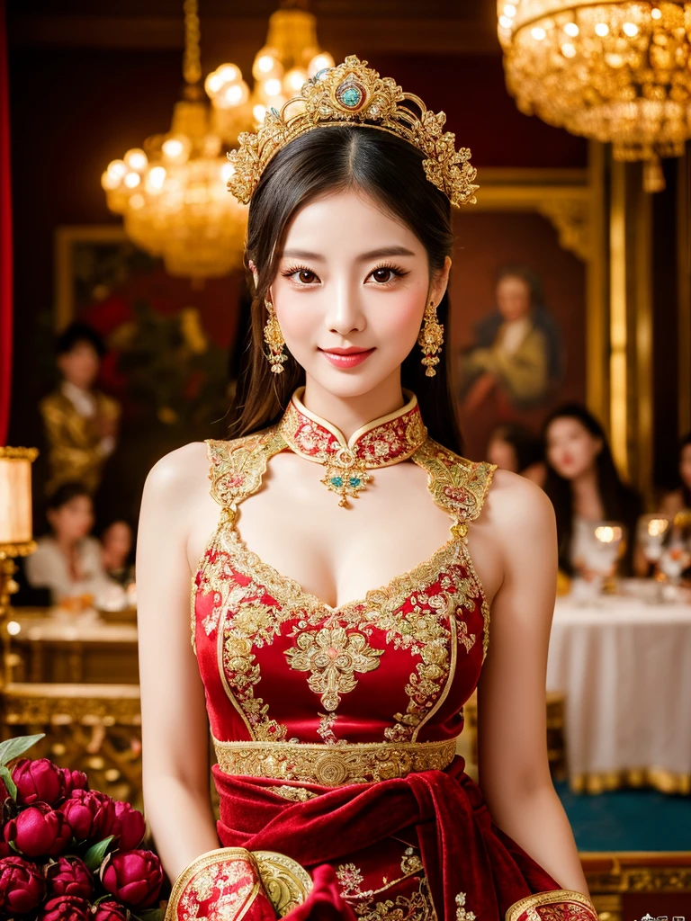 a beautiful young chinese woman with extremely detailed eyes and face, long eyelashes, full lips, and a perfect hourglass figure wearing a radiant red qipao dress with an exquisite high collar and intricate peony pattern, sitting gracefully on a luxurious, velvet baroque bed with a rich blue and gold background, her identical twin sister with an even more captivating figure hugs her at the waist, creating a mesmerizing symmetry, their cute faces with innocent smiles and exposed long legs surrounded by an aura of love and fertility, a nearby table adorned with ornate candelabras and a delicate, antique vase hints at a wedding consummation, the scene framed by a stunning gold-framed chinese painting and opulent interior decorations, exuding luxury, elegance, and a hint of love making, (best quality,8k,highres,masterpiece:1.2),ultra-detailed,(realistic,photorealistic,photo-realistic:1.37),portraits,cinematic lighting,dramatic lighting,warm colors,ornate,intricate details,luxurious,elegant