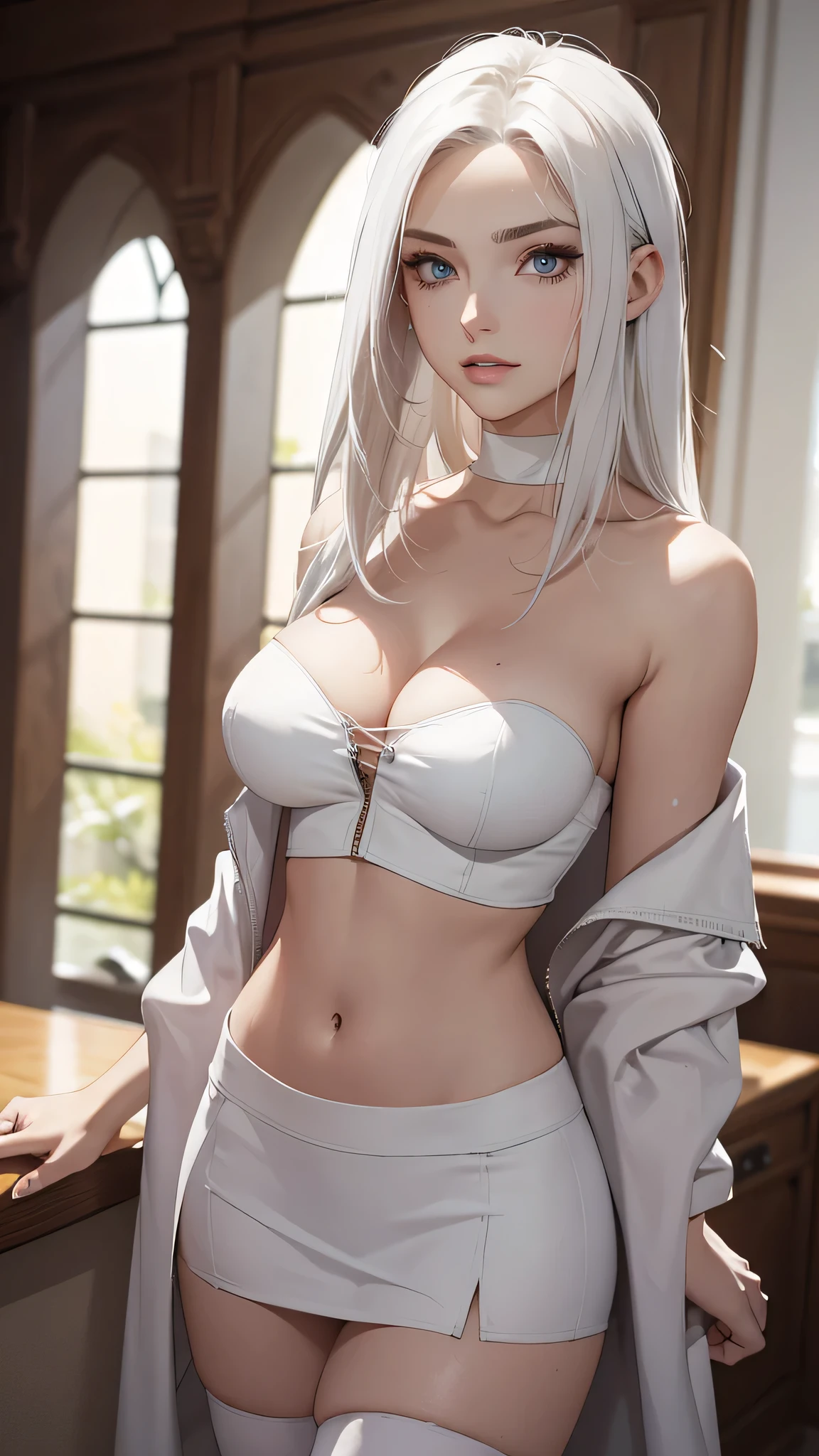 Highest Quality, ​masterpiece, beautifully detailed eyes,, shoulder length layered white Hair, Gradient Hair, metallic highlights in hair, medium breasts, standing, makeup, glossy lips, full lips, (natural lighting),midriff, collarbone, thigh highs, miniskirt, cleavage