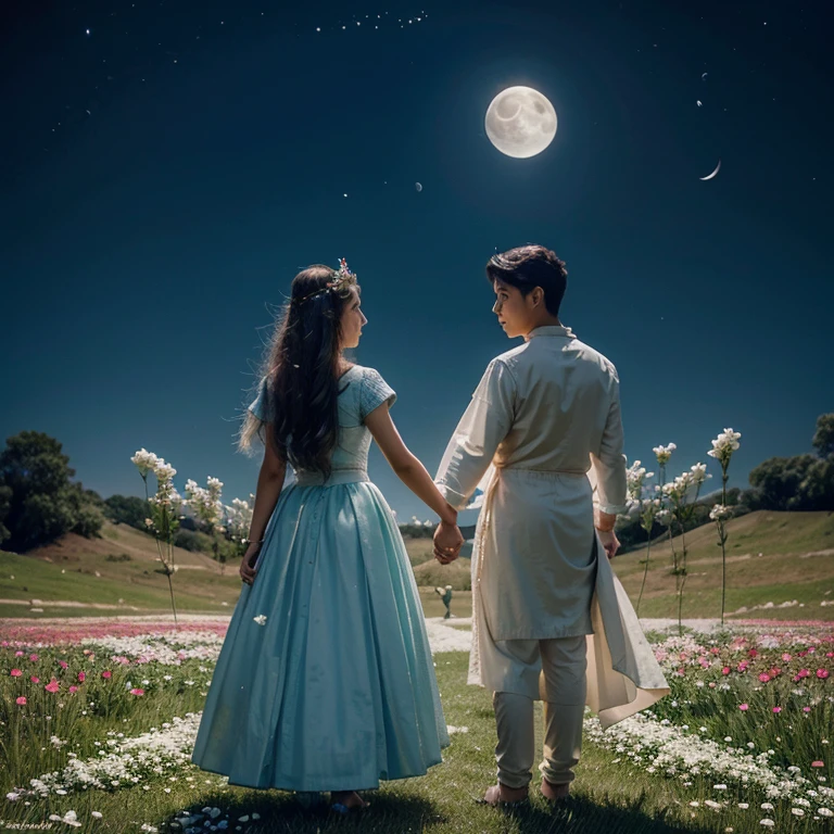 friendship between the flower princess and the moon prince, depict them with  figures. with a picture background, half flower flowers and after the moon. make it in full color