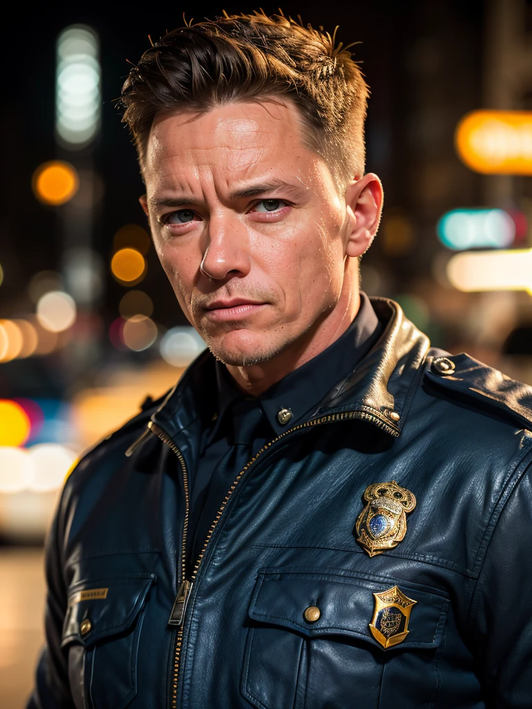 (best quality, masterpiece, highest detailed), (photorealistic:1.2), raw photo, professional portrait, Robert Patrick, male,  terminator, in police uniform,  (vibrant color), (intricate details), exposure blend, bokeh, dim light, (  hdr:1.4 ), high contrast, (muted colors, dim colors, soothing tones:1.3), low saturation, morbid