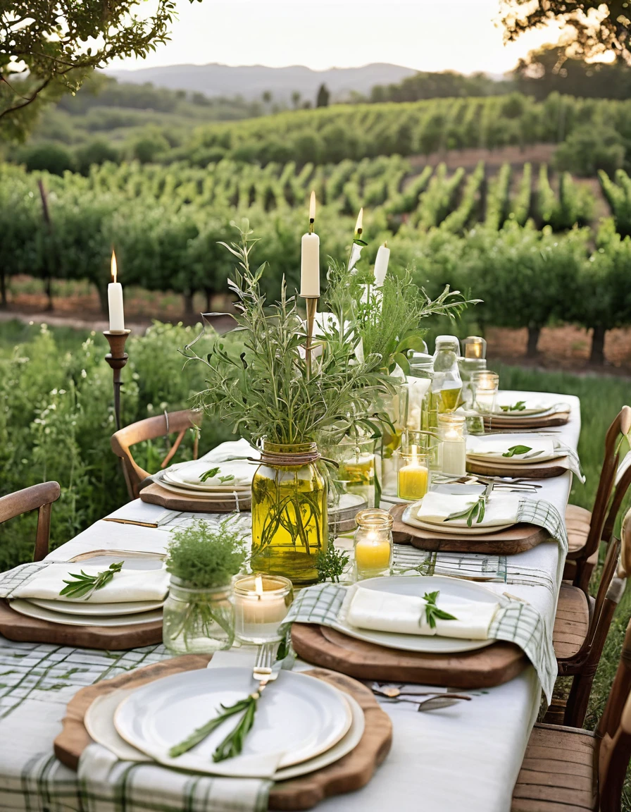 Illustrate the rustic charm of a secluded garden oasis, bordered by verdant herb fields and vineyards, where an inviting table is adorned with a CREAM cotton and white plaid napkin,wooden candlestick candles casting a warm glow in jars, and a tantalizing composition of pizza Margherita takes center stage alongside vintage olive oil bottles and basil in cans