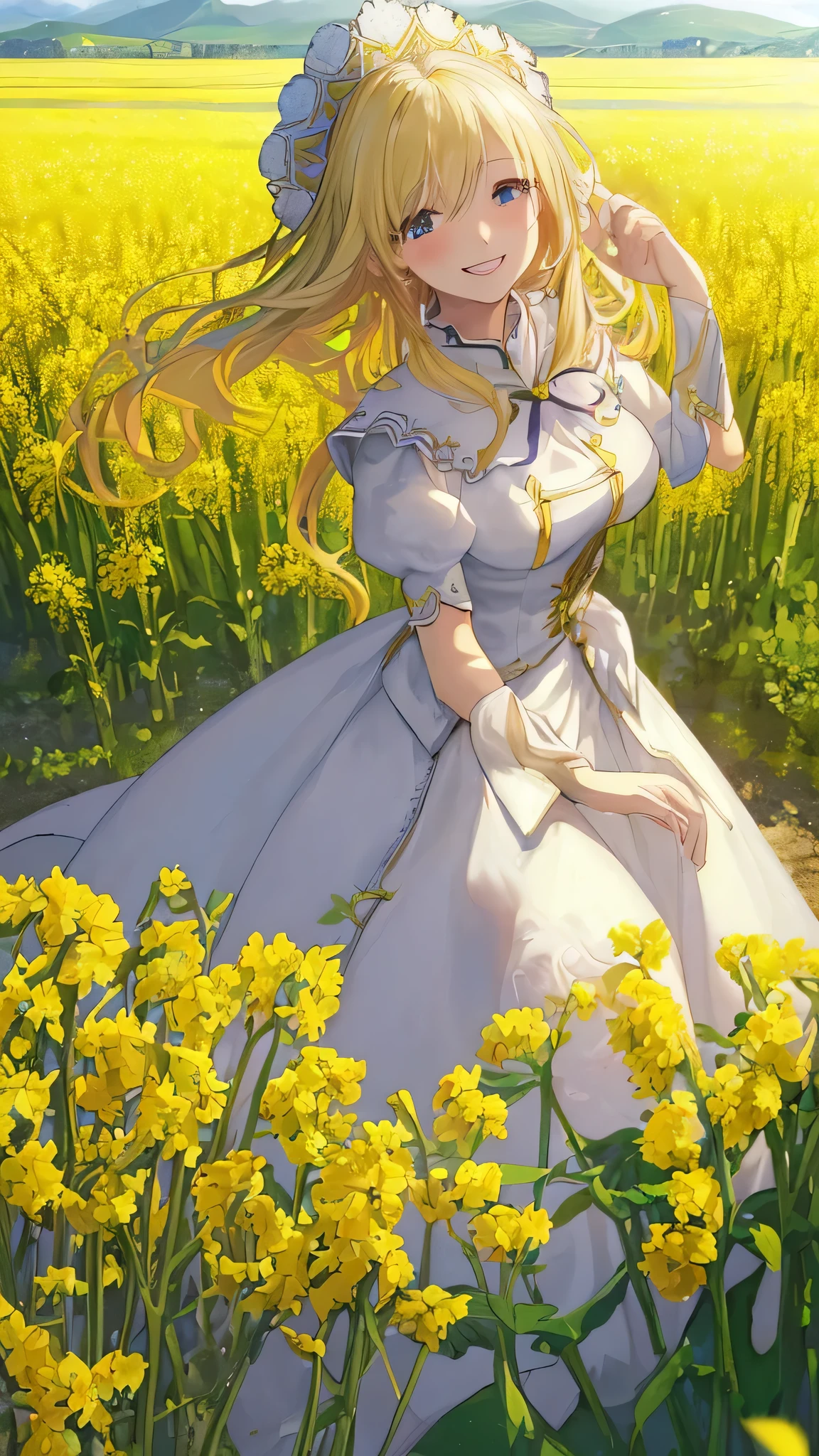 ((masterpiece)), ((highest quality)), ((High resolution)), ((In detail))、European national costume、Anime style white woman、Blonde Hair、smile、Happy expression、Daytime、Rural landscape、In the rapeseed field、cute、Beautiful、Embarrassed cheeks、