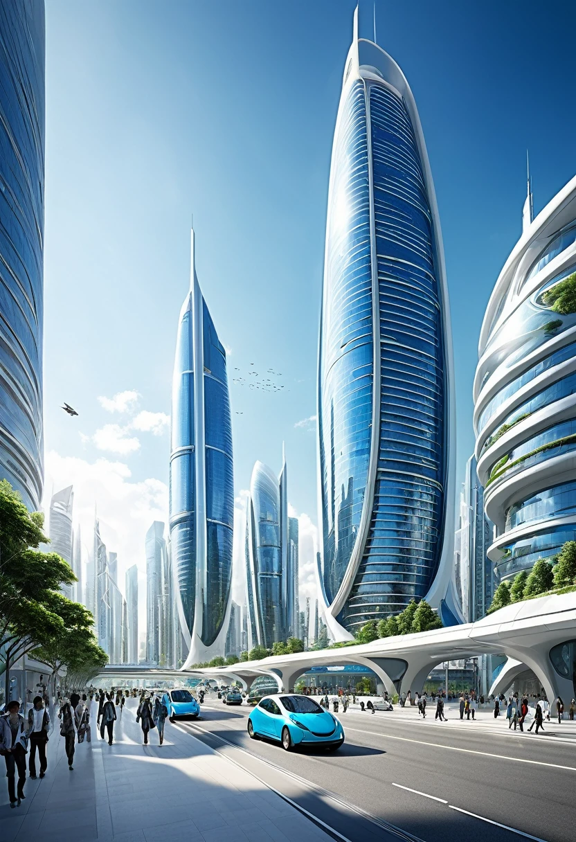 The image depicts a futuristic cityscape, characterized by towering skyscrapers with sleek, modern designs. The buildings are predominantly white and blue, with a few green accents, suggesting a focus on sustainability or eco-friendliness. The architecture is highly stylized, with curved and angular forms that give the city a dynamic and advanced appearance.
The city is bustling with activity, as evidenced by the numerous pedestrians walking on the sidewalks and the traffic on the streets. The people are dressed in contemporary clothing, and the vehicles are sleek and streamlined, fitting the futuristic aesthetic.
The sky is a clear blue, indicating good weather, and the city is bathed in natural light, suggesting it's daytime. The overall atmosphere is one of progress and innovation, with a sense of order and cleanliness that is often associated with futuristic urban environments.
The image is likely a digital artwork or a concept design, meant to inspire or represent what cities might look like in the future. It showcases a vision of urban development that emphasizes technology, sustainability, and a high quality of life for its inhabitants.