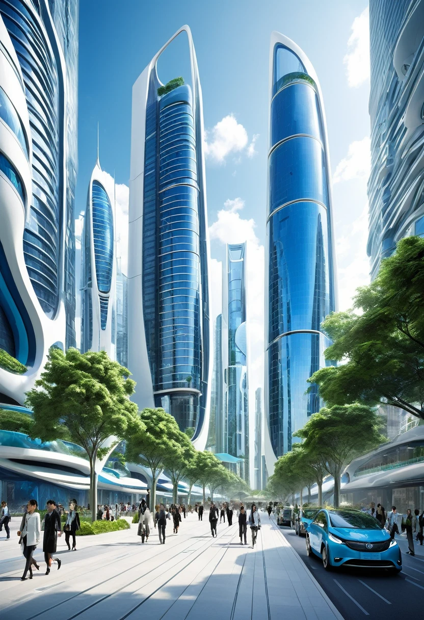The image depicts a futuristic cityscape, characterized by towering skyscrapers with sleek, modern designs. The buildings are predominantly white and blue, with a few green accents, suggesting a focus on sustainability or eco-friendliness. The architecture is highly stylized, with curved and angular forms that give the city a dynamic and advanced appearance.
The city is bustling with activity, as evidenced by the numerous pedestrians walking on the sidewalks and the traffic on the streets. The people are dressed in contemporary clothing, and the vehicles are sleek and streamlined, fitting the futuristic aesthetic.
The sky is a clear blue, indicating good weather, and the city is bathed in natural light, suggesting it's daytime. The overall atmosphere is one of progress and innovation, with a sense of order and cleanliness that is often associated with futuristic urban environments.
The image is likely a digital artwork or a concept design, meant to inspire or represent what cities might look like in the future. It showcases a vision of urban development that emphasizes technology, sustainability, and a high quality of life for its inhabitants.