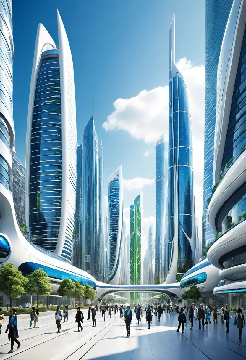 The image depicts a futuristic cityscape, characterized by towering skyscrapers with sleek, modern designs. The buildings are predominantly white and blue, with a few green accents, suggesting a focus on sustainability or eco-friendliness. The architecture is highly stylized, with curved and angular forms that give the city a dynamic and advanced appearance.

The city is bustling with activity, as evidenced by the numerous pedestrians walking on the sidewalks and the traffic on the streets. The people are dressed in contemporary clothing, and the vehicles are sleek and streamlined, fitting the futuristic aesthetic.

The sky is a clear blue, indicating good weather, and the city is bathed in natural light, suggesting it's daytime. The overall atmosphere is one of progress and innovation, with a sense of order and cleanliness that is often associated with futuristic urban environments.

The image is likely a digital artwork or a concept design, meant to inspire or represent what cities might look like in the future. It showcases a vision of urban development that emphasizes technology, sustainability, and a high quality of life for its inhabitants.