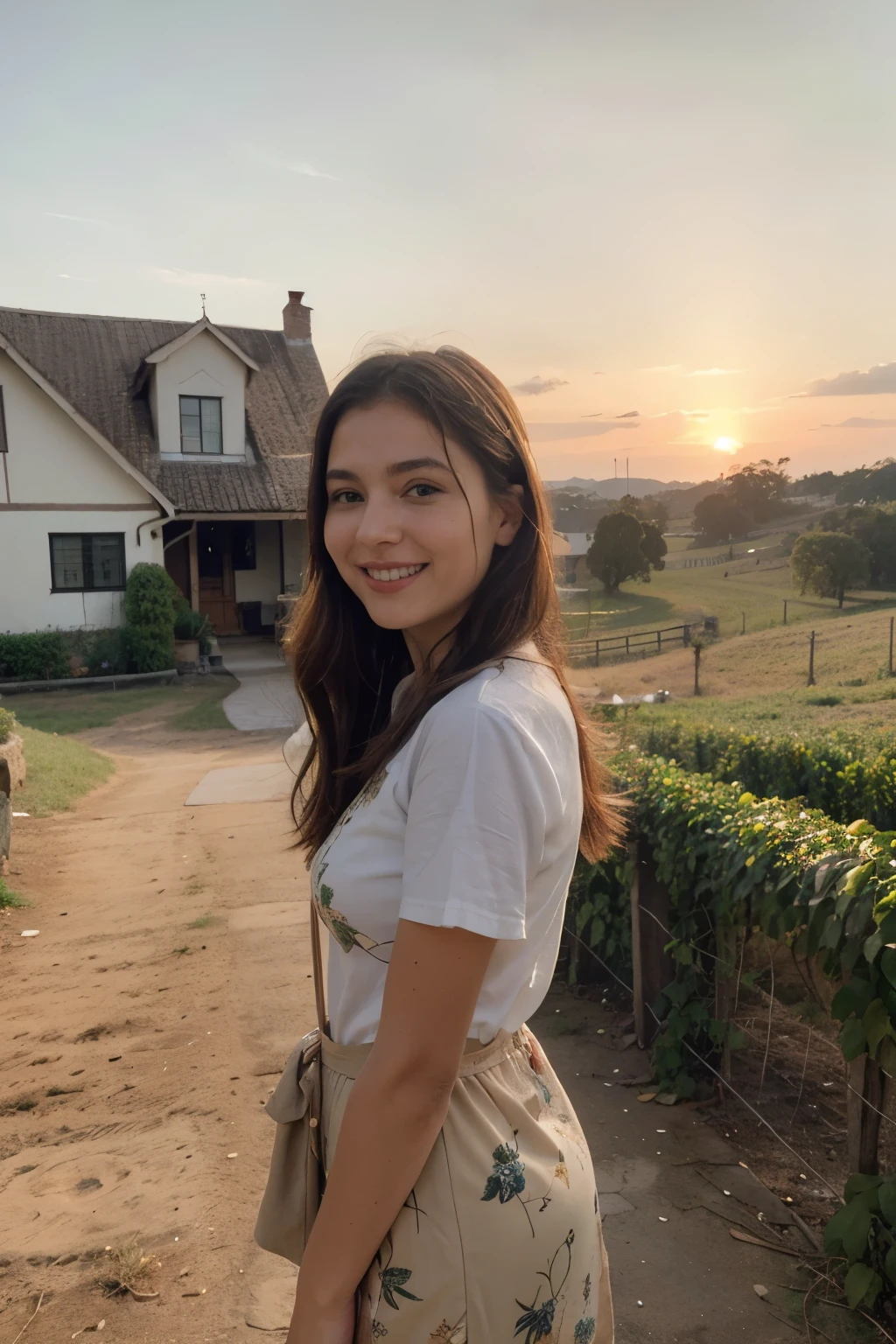 ((best quality)Uma paisagem rural do interior, com campos verdes, a small farmhouse in the distance and a golden sunset on the horizon.
Foto da Personagem Principal: A city girl with a kind smile, vestindo roupas simples do interior e segurando uma cesta de frutas frescas.), ((masterpiece)), (detailed), perfect face