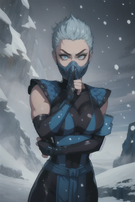 Frost, blue eyes,   mouth mask,  spiked hair, 
 fingerless elbow gloves, bodysuit,  pelvic curtain ,  blue attire, 
standing,  upper body, 
dojo, snow, solo,  
(insanely detailed, beautiful detailed face, masterpiece, best quality) 