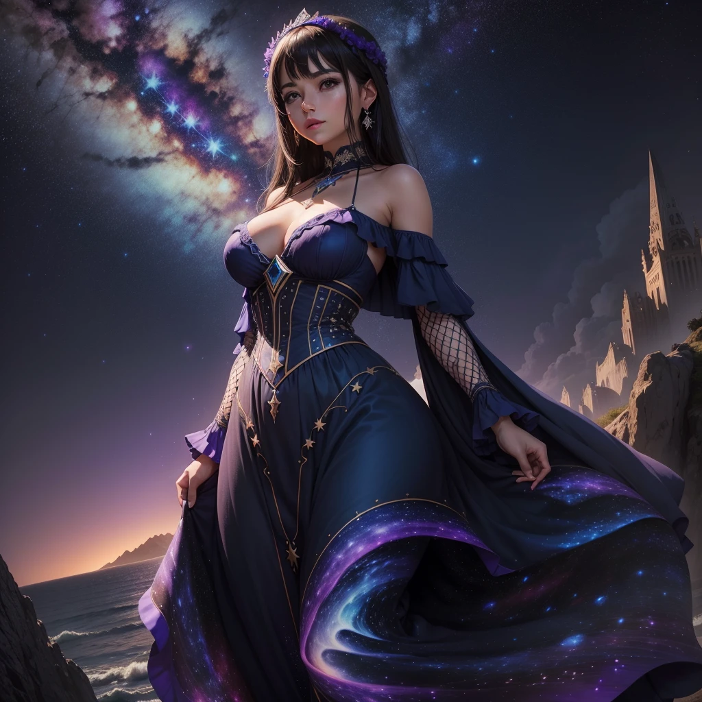 Hermosa Chica con vestido estrellado, The Milky Way extends to the horizon,Giro elegante en falda larga,Intense indigo and violet tones., A sense of wonder and the immensity of the universe.,Fondo de Piramides egipcias.