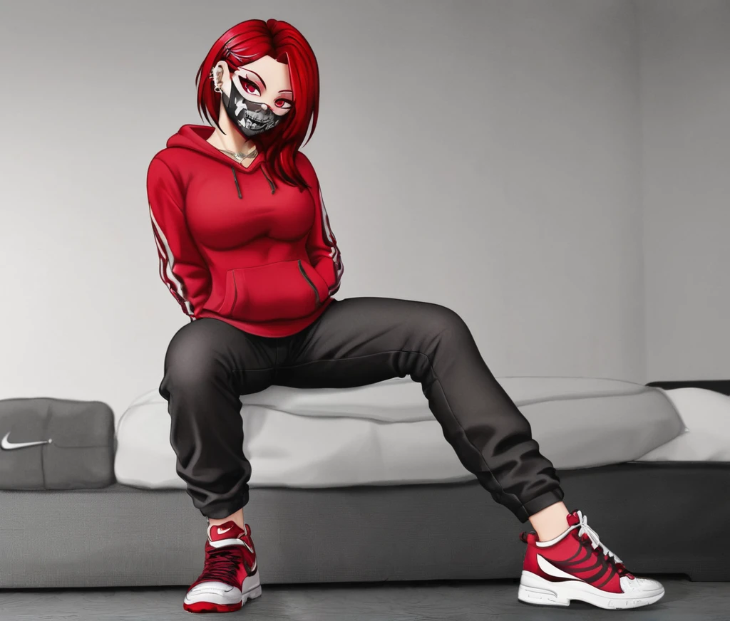 anime girl, crimson red sweatshirt, black cargo pants, nike sneakers, Balaclava - Half Face Mask, neon bright ruby red eyes, piercing gauze evil smile, bedroom background