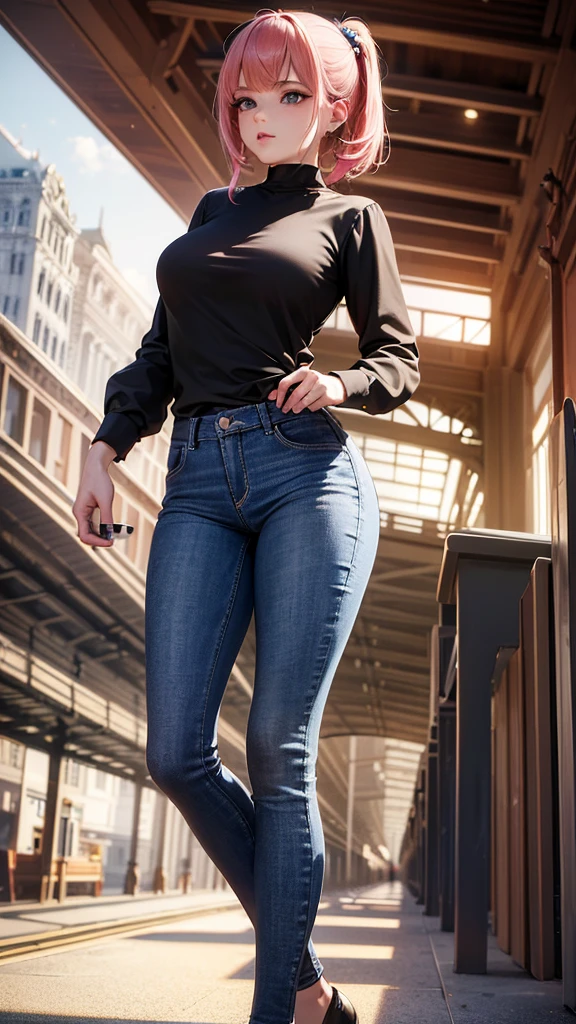 (masterpiece), (best quality), (Highres), Detailed, (Inricate Details 1.2), (Hyper Detailed 1.4), (Ornate Digital Art 1.2), absurdres, 1girl, small breasts, ass, hair ornaments, solo, pink hair, (black shirt:1.3), jeans, (train station:1.2) running, thighs, shortstack,