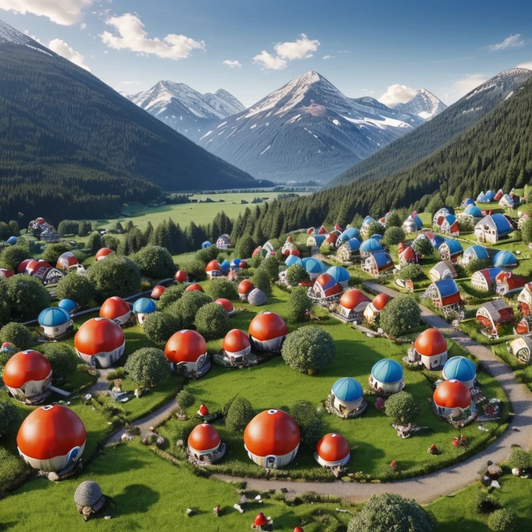 (Best quality: 1.3, Meisterwerk: 1.3), Ultra-HD, Smurf Village with all the Smurfs(fly agarics as houses),(papa schlumpf,schlumpfiene),high resolution, detailliert,realistisch 