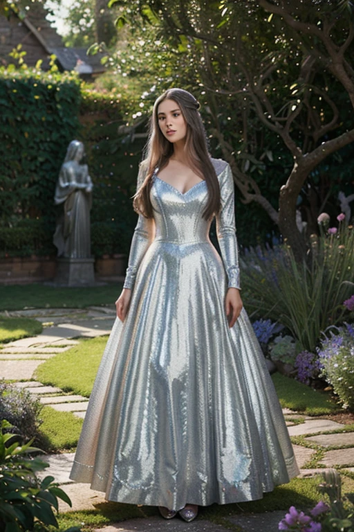 A woman in a shimmering silver dress, detailed facial features, long flowing hair, graceful posture, standing in a ethereal, dreamlike garden setting, HDR, 8K, photorealistic, concept art style, warm lighting, vibrant colors, cinematic composition