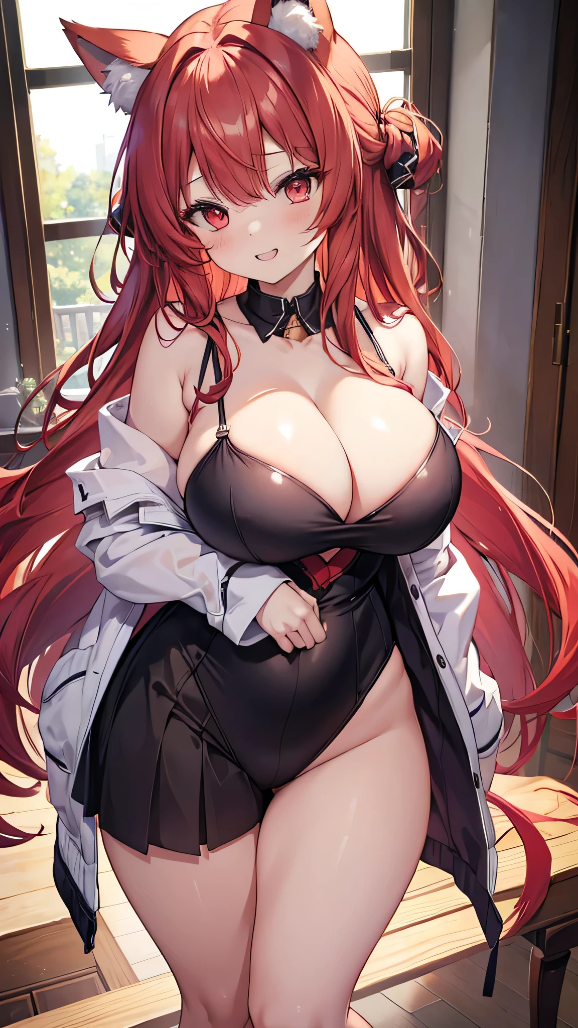 The best masterpiece、Wolf Girl, Large Breasts, Voluminous light red hair, masterpiece , Red eyes, hd, Thick thighs, Head to Chest, buried in my chest、Double teeth、tooth、Chubby、Grinning、Bunny girl、Big Tits、Jacket、white iris、