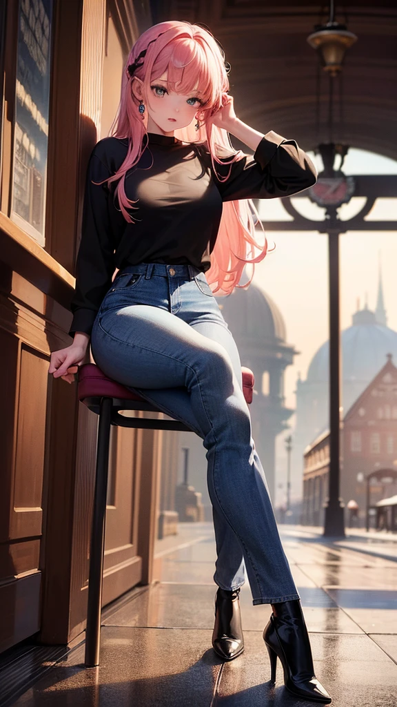 (masterpiece), (best quality), (Highres), Detailed, (Inricate Details 1.2), (Hyper Detailed 1.4), (Ornate Digital Art 1.2), absurdres, 1girl, small breasts, ass, hair ornaments, solo, pink hair, (black shirt:1.3), jeans, (train station:1.2) running, thighs, shortstack, sitting in a chair