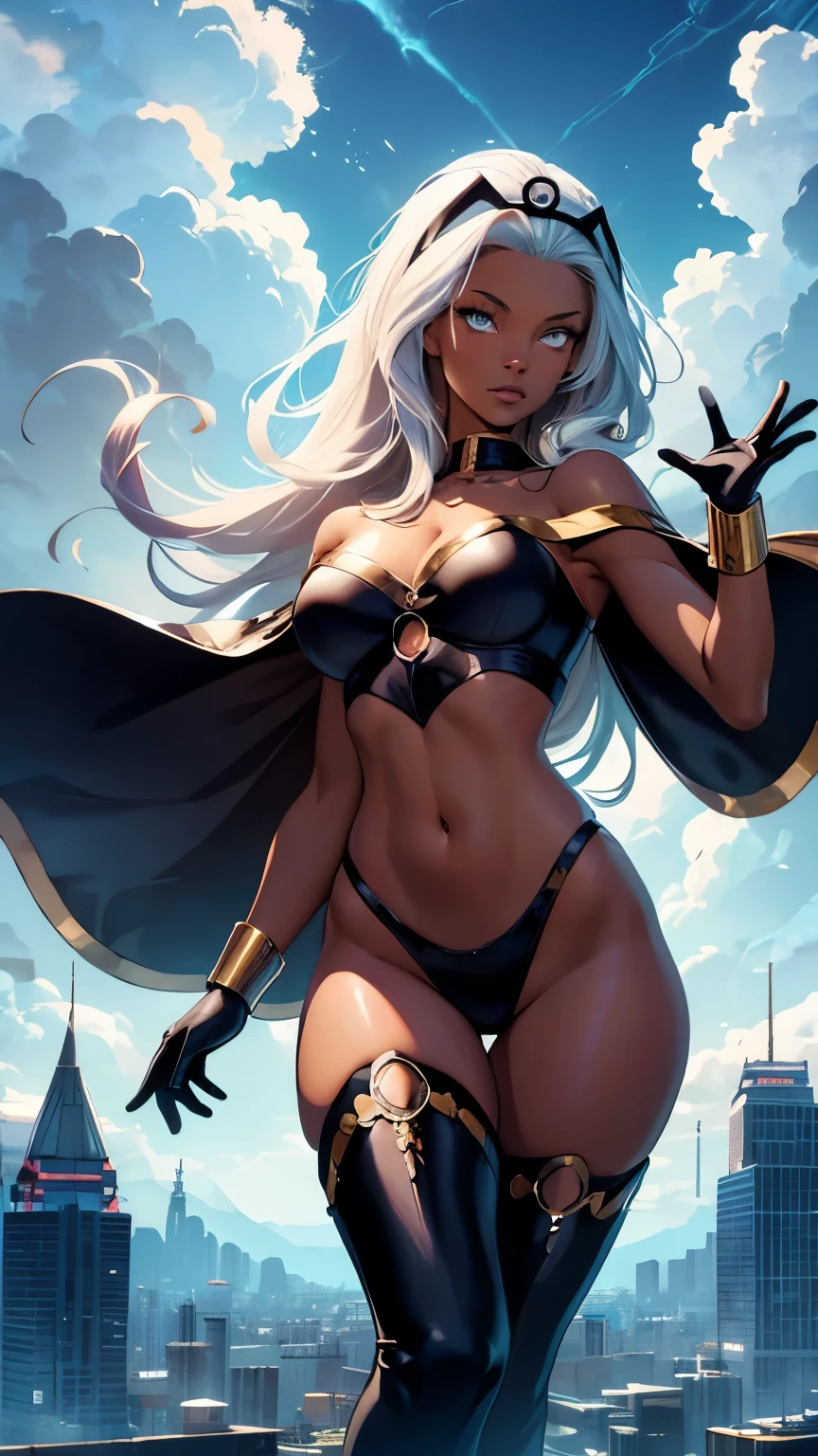 ,(Highly quality, masterpiece, detailed), stormy cloud city detailed scenario, stormy cloud city detailed background, 20 years old girl, 1girl, Ororo, dark skin, strapless, exposed shoulders, long hair, midriff, cape, thigh highs, gloves, Abdomen, Navel, beautiful eyes, perfect eyes, looking at the viewer, Sexy pose