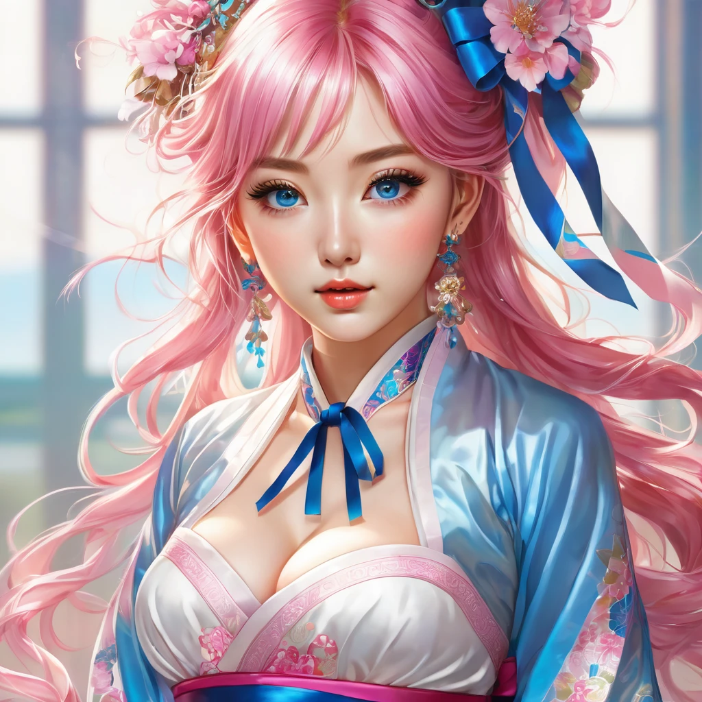 (finely detailed beautiful eyes and detailed face,masterpiece sidelighting,masterpiece,best quality,detailed,high resolution illustration),, (1girl,whole body,bishoujo,lustrous skin,looking down,looking at viewer),, (pink hair,blue eyes,ribbon,hanbok, korean clothes), (clothed_underbust:1.2),underboob,