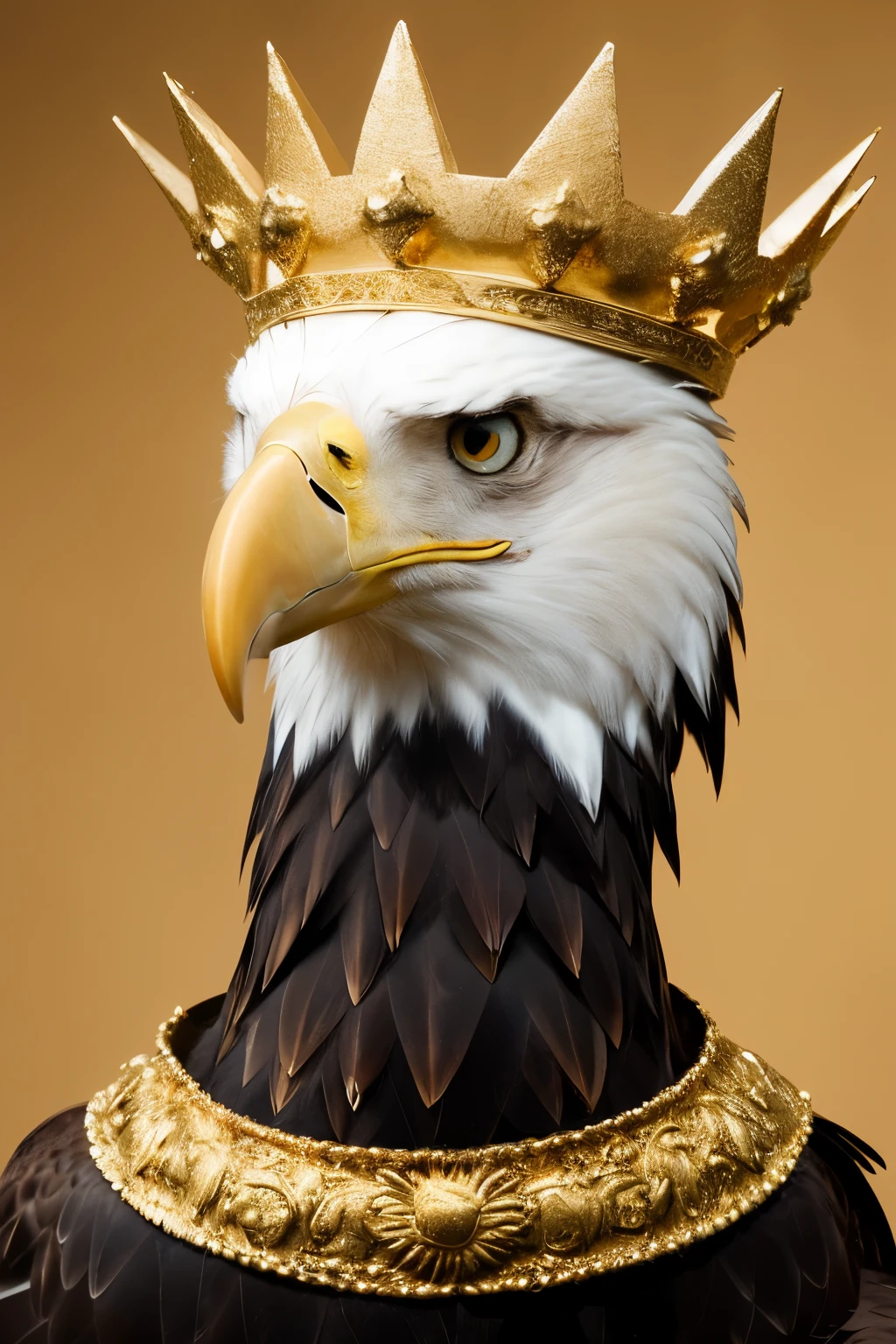Head of a serious eagle with a golden crown.

