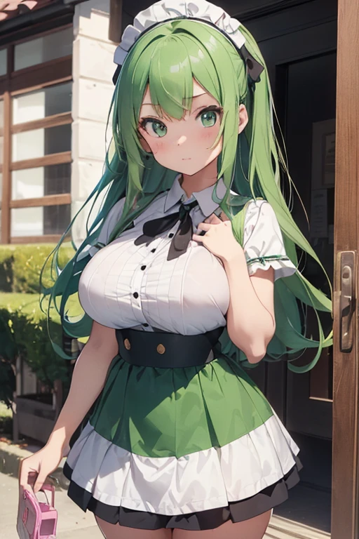 /(Girl),(anime),(16 year old girl),(looking like a 12 year old),(with a super large body),(pretty White),(green eyes and long green hair),(Height 1.59cm),(hot beautiful young woman),(Super busty),(Wearing), (a classic black and white maid uniform with a super short skirt almost showing her panties and the dress shows her shoulders and has a neckline in the middle of her breasts showing her piggy bank),(And she is super mega busty with her breasts so big they almost pop out of her body and a super big ass)