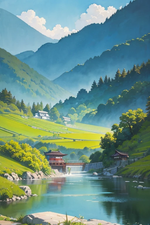 watercolor landscape painting, Japanese countryside scenery,