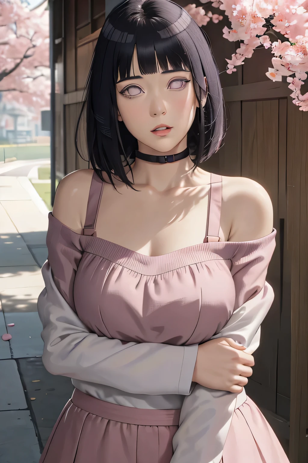 masterpiece, absurdres, hinata\(boruto\), 1girl, solo,mature female, off-shoulder strap bra, high waist short skirt, looking at viewer, (falling petals), perfect composition, detailed lips, big breast, beautiful face, body propotion, blush, (pink lips), long hair, purple eyes, soft gaze, super realistic, detailed, photoshoot, realistic face and body,