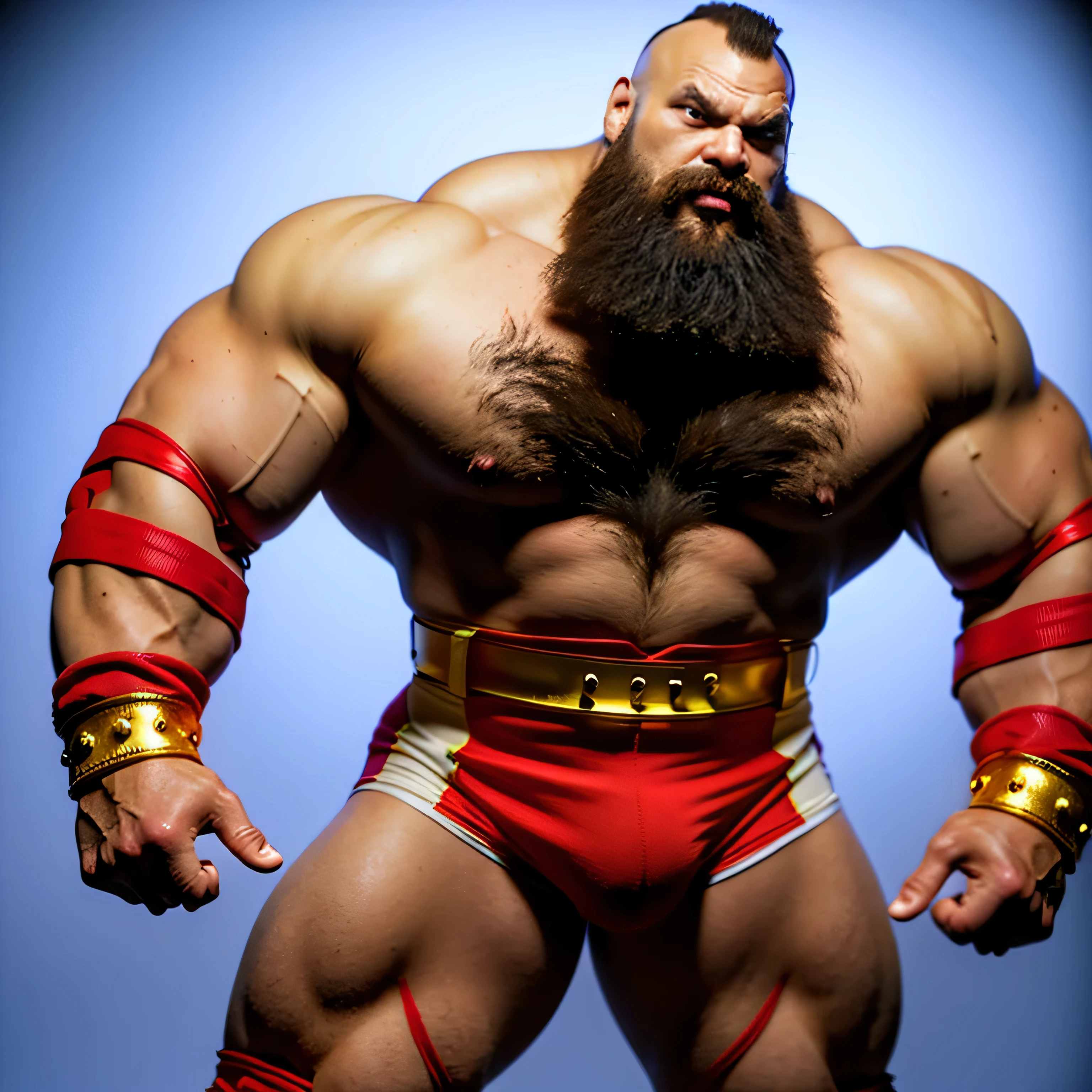 zangief,a man with a beard and a golden belt, fighting game character, street fighter 5,muscled humanoid,heavy looking,buff man,wrestler,Red short briefs,capcom,street fighter,shirtless,muscular male,chest hair,visually weighty,bearded man,mohawk hair,no wristband,Red Wrestling Boots,best quality 